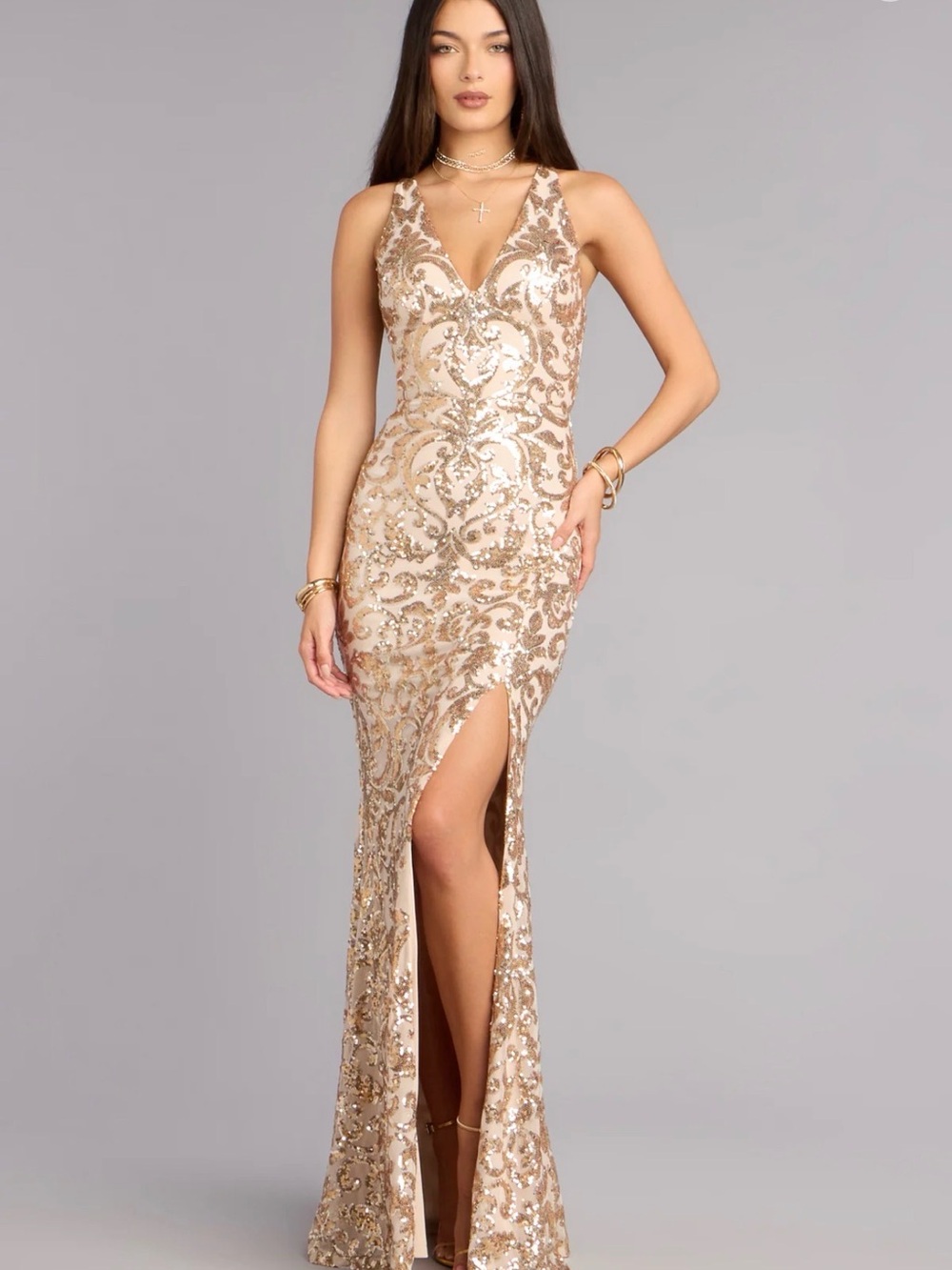 Gold Sequin V-Neck Evening Gown with Thigh Slit Windsor